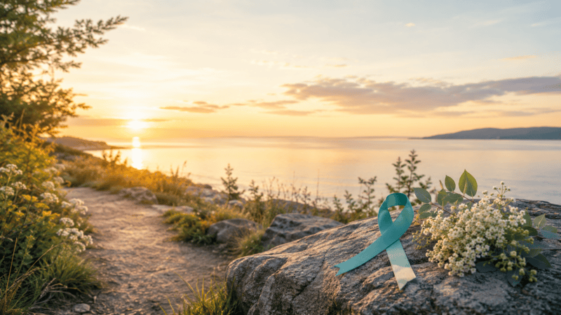 Teal suicide awareness ribbon with white flowers beside a peaceful lake at sunset.