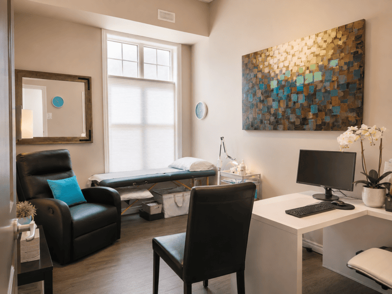 Psychotherapy consultation room at Hudson Integrative Healthcare with a recliner chair and therapist chair arranged for conversation.