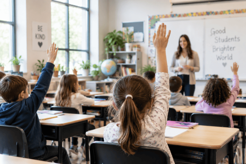 Elementary school classroom with students raising their hands during a lesson.