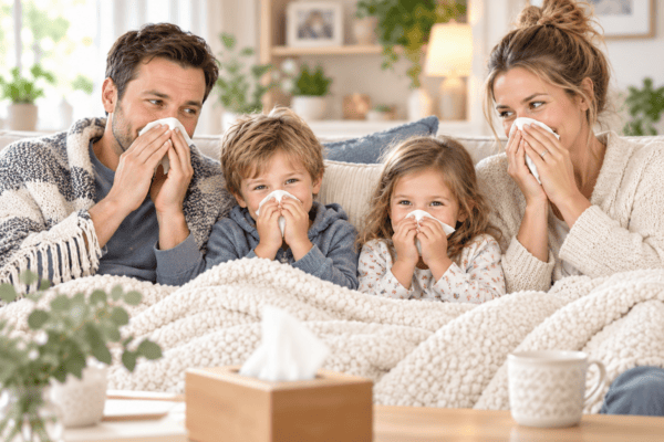Family at home using tissues while experiencing cold and flu symptoms.