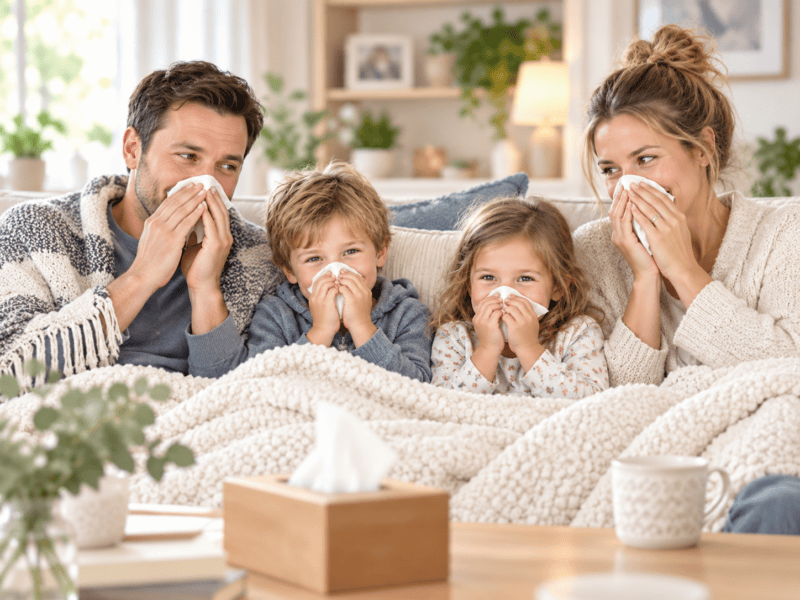 Family at home using tissues while experiencing cold and flu symptoms.