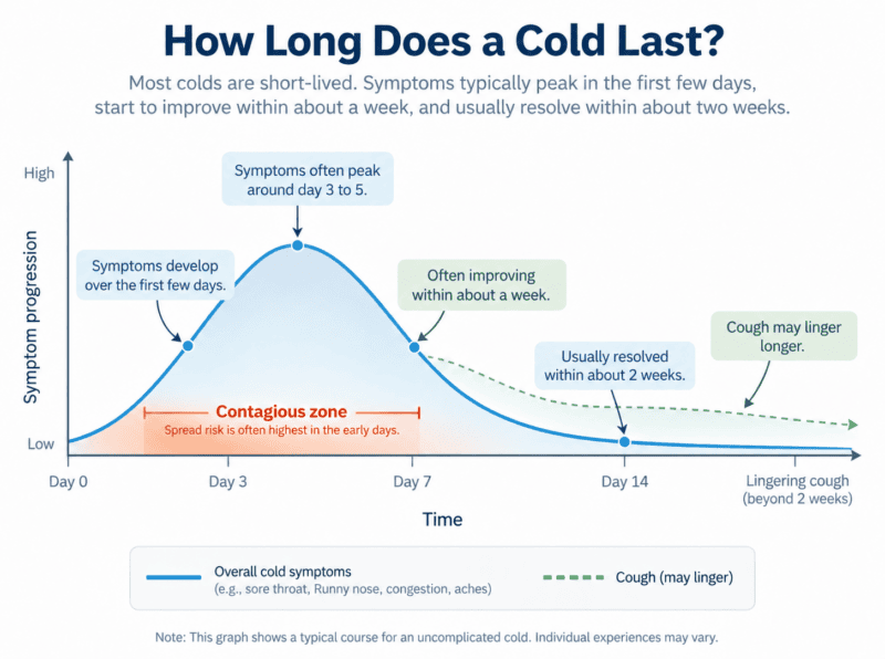 Graph showing the typical progression of cold symptoms over two weeks, including an early contagious period and a cough that may linger longer.