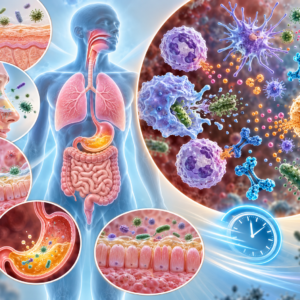 Illustration of innate immunity showing the body’s first-line defenses, including skin, mucus membranes, stomach acid, gut lining, and immune cells rapidly attacking invading microbes.