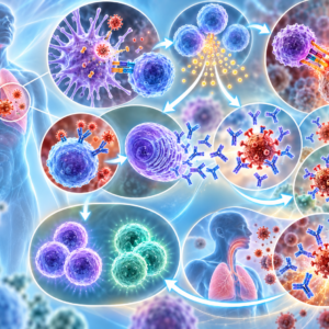 Illustration of the adaptive immune system showing B cells, T cells, antibodies and immune responses targeting viruses and infected cells.