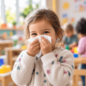 Young child at daycare holding a tissue to her nose, representing frequent childhood infections and immune system development.
