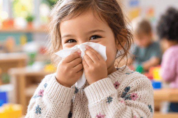 Young child at daycare holding a tissue to her nose, representing frequent childhood infections and immune system development.