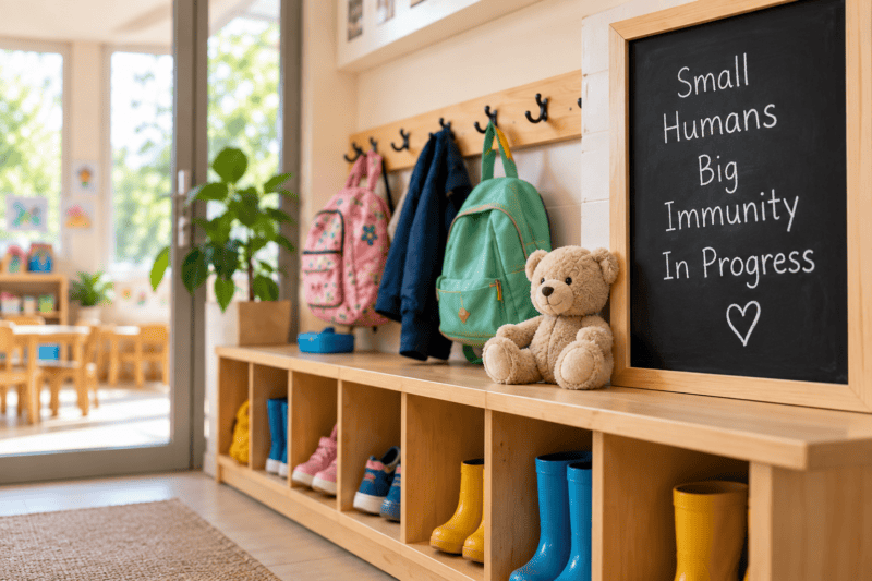 Daycare entryway with children’s backpacks, shoes, a teddy bear, and a chalkboard reading “Small Humans, Big Immunity in Progress.”