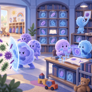 Illustration of the immune system as a biological recognition library, with innate immune cells acting as a first-line security team and adaptive immune cells studying pathogens, producing antibodies, and storing immune memory.