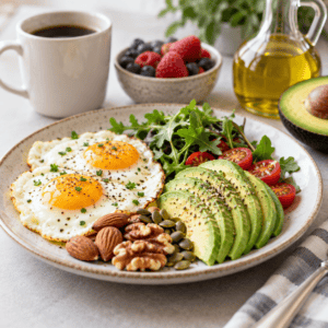 Healthy breakfast with eggs, avocado, nuts, seeds, greens, berries, olive oil and coffee.