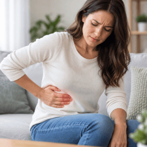 Woman holding the upper right side of her abdomen while experiencing abdominal pain.