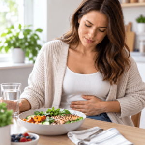 Woman experiencing digestive discomfort after a meal of salmon, vegetables and other whole foods.