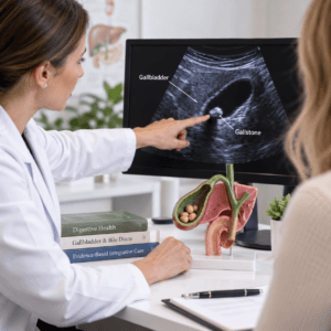Naturopathic doctor reviewing a gallbladder ultrasound with a patient and pointing out a gallstone.