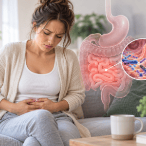 Woman with abdominal discomfort alongside an illustration of the intestines and gut bacteria, representing IBS and SIBO symptoms.