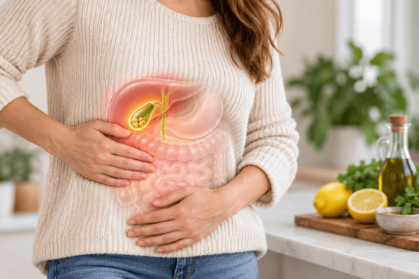 Woman holding her abdomen with an illustration of the liver, gallbladder, gallstones, bile ducts and intestines.