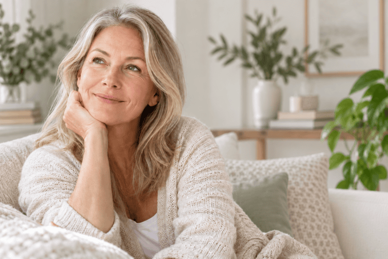 Mature woman relaxing comfortably at home, representing women’s health, menopause care and treatment for vaginal dryness and discomfort.
