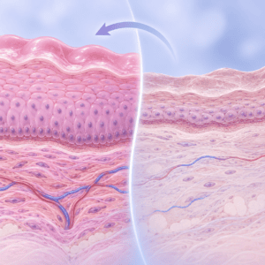 Medical illustration comparing healthy vaginal tissue with estrogen-deficient vaginal tissue, showing thicker, well-hydrated tissue versus thinner, drier and more fragile tissue.