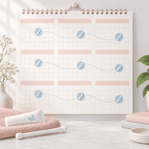 Calendar illustration showing a vaginal cream applicator used on a repeating weekly schedule, representing long-term maintenance treatment with vaginal estrogen.