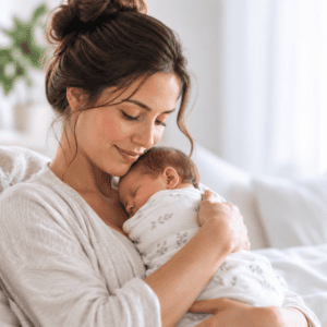 Postpartum mother holding her newborn, representing hormonal changes after childbirth and low-estrogen symptoms such as vaginal dryness and discomfort.