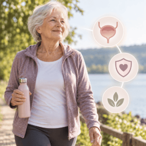 Older woman walking outdoors beside a lake, representing healthy aging, urinary health and the long-term preventive benefits of maintaining estrogen-responsive tissues.