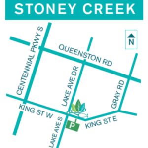 Map showing Hudson Integrative Healthcare at 7 King St. East, Unit 1 in Stoney Creek, near Centennial Parkway, Queenston Road, Lake Avenue, and Gray Road.