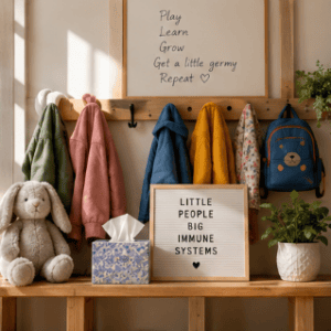 Daycare entryway with children’s coats, backpack, tissue box and sign about developing immune systems