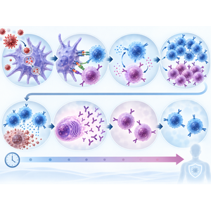 Diagram showing the stages of adaptive immunity, from dendritic cell antigen presentation to B- and T-cell activation, clonal expansion, antibody production, effector cells, and memory cells.