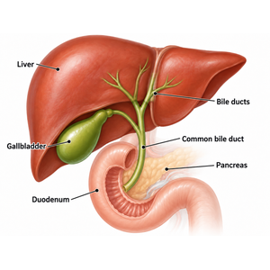 Medical illustration of the liver, gallbladder, bile ducts, common bile duct, pancreas and duodenum.