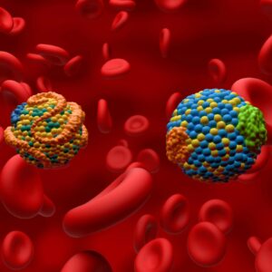 Scientific illustration of LDL cholesterol particles circulating through a blood vessel, demonstrating lipoprotein particle number and the role of ApoB in cardiovascular risk assessment.