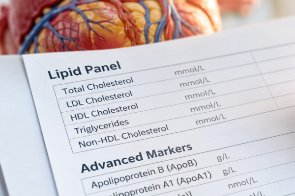 Advanced cholesterol blood testing report showing LDL, HDL, triglycerides, ApoB, ApoA1, lipoprotein(a), and LDL particle number, alongside a red heart symbol and anatomical heart model representing cardiovascular health.