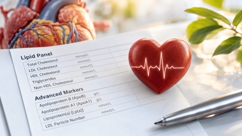 Advanced cholesterol blood testing report showing LDL, HDL, triglycerides, ApoB, ApoA1, lipoprotein(a), and LDL particle number, alongside a red heart symbol and anatomical heart model representing cardiovascular health.