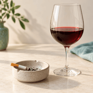 Extinguished cigarette in a ceramic ashtray beside a glass of red wine.