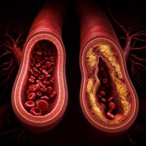 Medical illustration comparing a healthy artery with an open blood vessel to an artery narrowed by cholesterol-rich plaque buildup, highlighting the role of arterial inflammation and atherosclerosis.