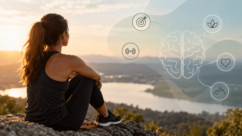 Female athlete sitting outdoors at sunset with a brain illustration and wellness icons representing mental performance, confidence and emotional wellbeing.