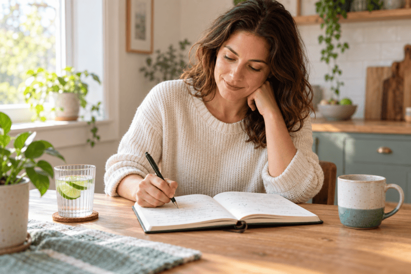 Woman writing in a journal at a kitchen table beside a glass of lime water and a ceramic mug.