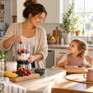 A mother prepares a berry smoothie while her toddler sits nearby and smiles at her.