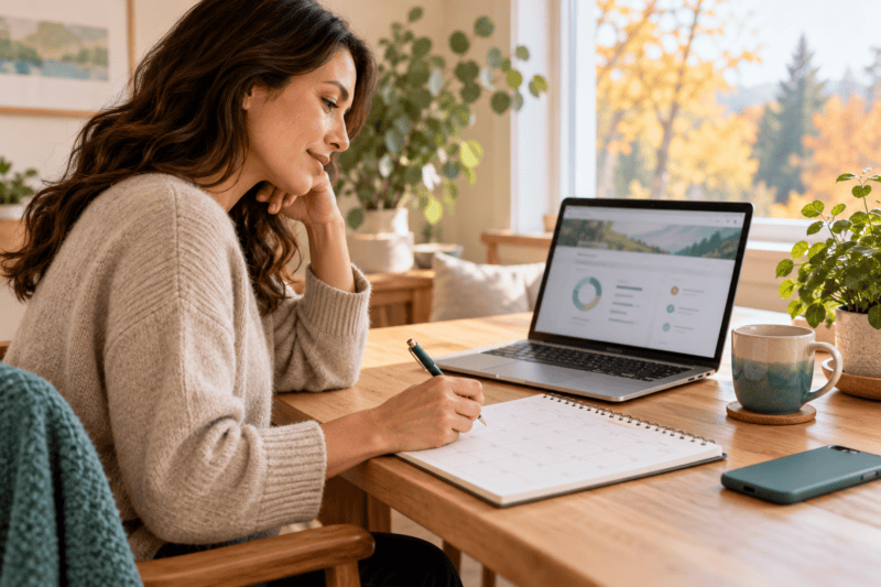 Woman writing in a calendar beside an open laptop while planning appointments at a wooden desk.