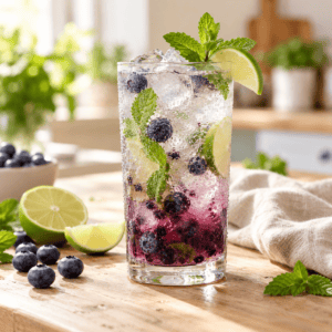 Blueberry mojito mocktail with ice, fresh mint and a lime wedge in a tall glass on a wooden table.