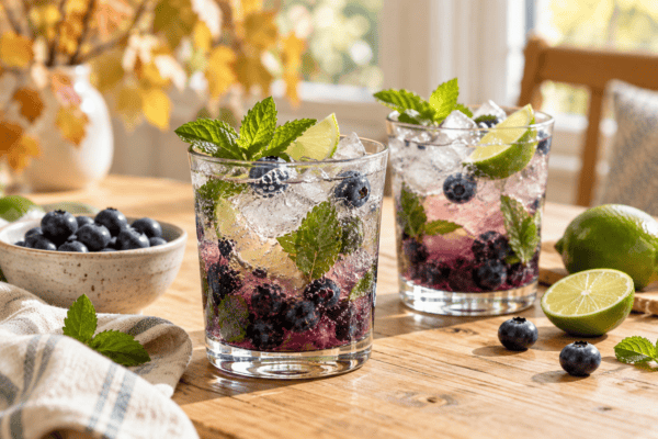 Two blueberry mocktails with mint, lime and ice on a wooden table beside fresh fruit and autumn leaves.