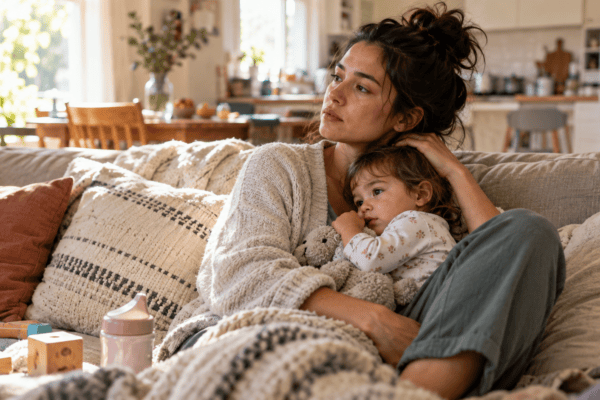 A mother holds her young child on a sofa, looking thoughtful and tired in a softly lit family home.
