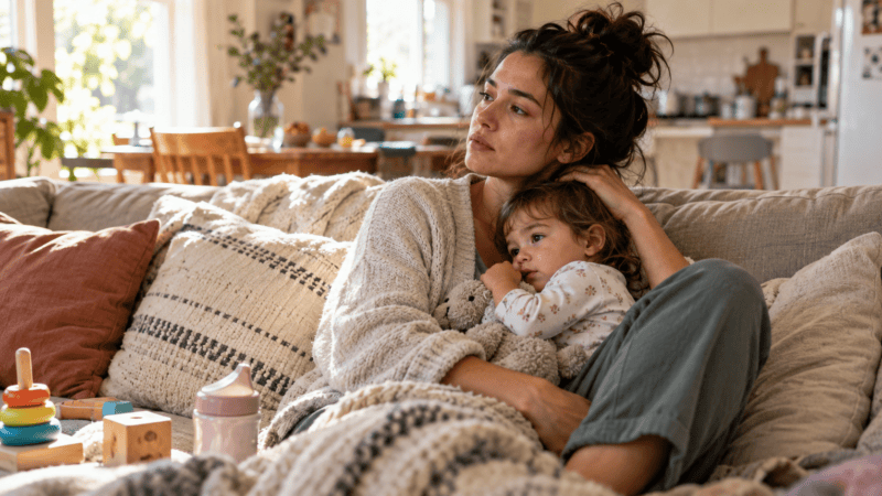 A mother holds her young child on a sofa, looking thoughtful and tired in a softly lit family home.
