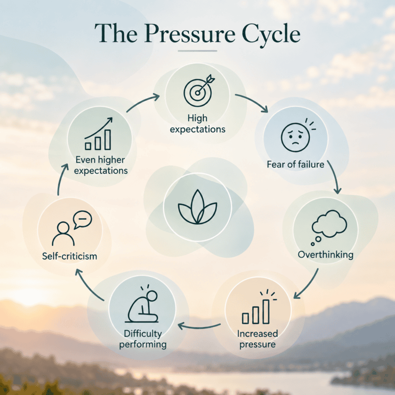 Circular infographic showing the pressure cycle from high expectations to fear of failure, overthinking, increased pressure, difficulty performing, self-criticism and even higher expectations.
