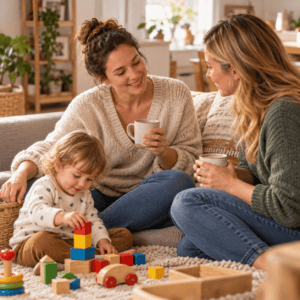 Two women talk over coffee while a toddler plays with blocks beside them.