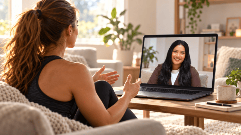 Athlete participating in a virtual psychotherapy session with Registered Psychotherapist Sarah Prashad displayed on a laptop screen.