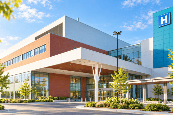 Modern hospital entrance with a blue hospital sign, landscaped gardens and warm morning sunlight.
