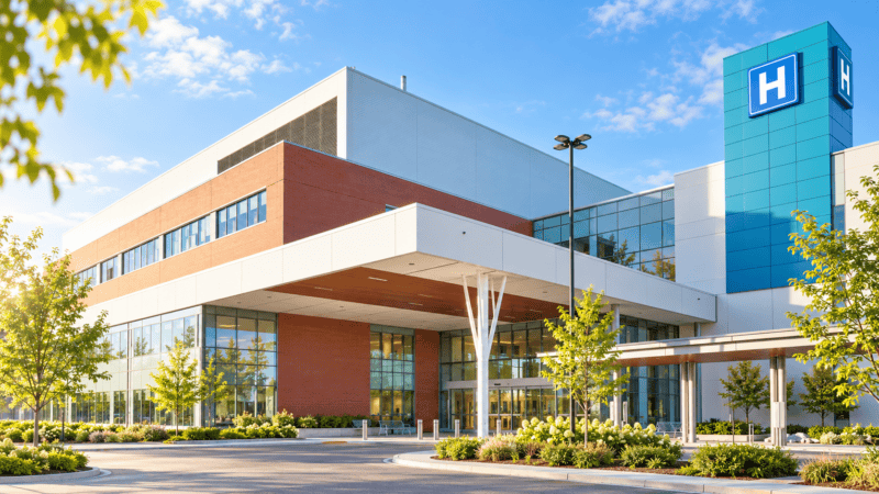 Modern hospital entrance with a blue hospital sign, landscaped gardens and warm morning sunlight.