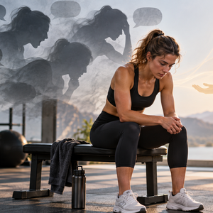 Female athlete sitting on a gym bench after training, surrounded by shadowy figures representing negative self-talk and a calmer supportive figure representing a healthier inner voice.