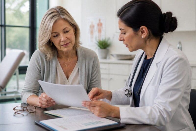 Healthcare practitioner reviewing cholesterol blood test results with a female patient during a consultation, discussing cardiovascular risk factors and personalized health recommendations.